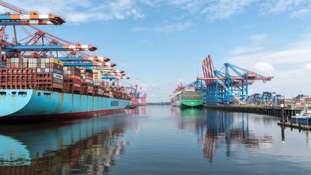 Porte-conteneurs et grues dans un port animé.